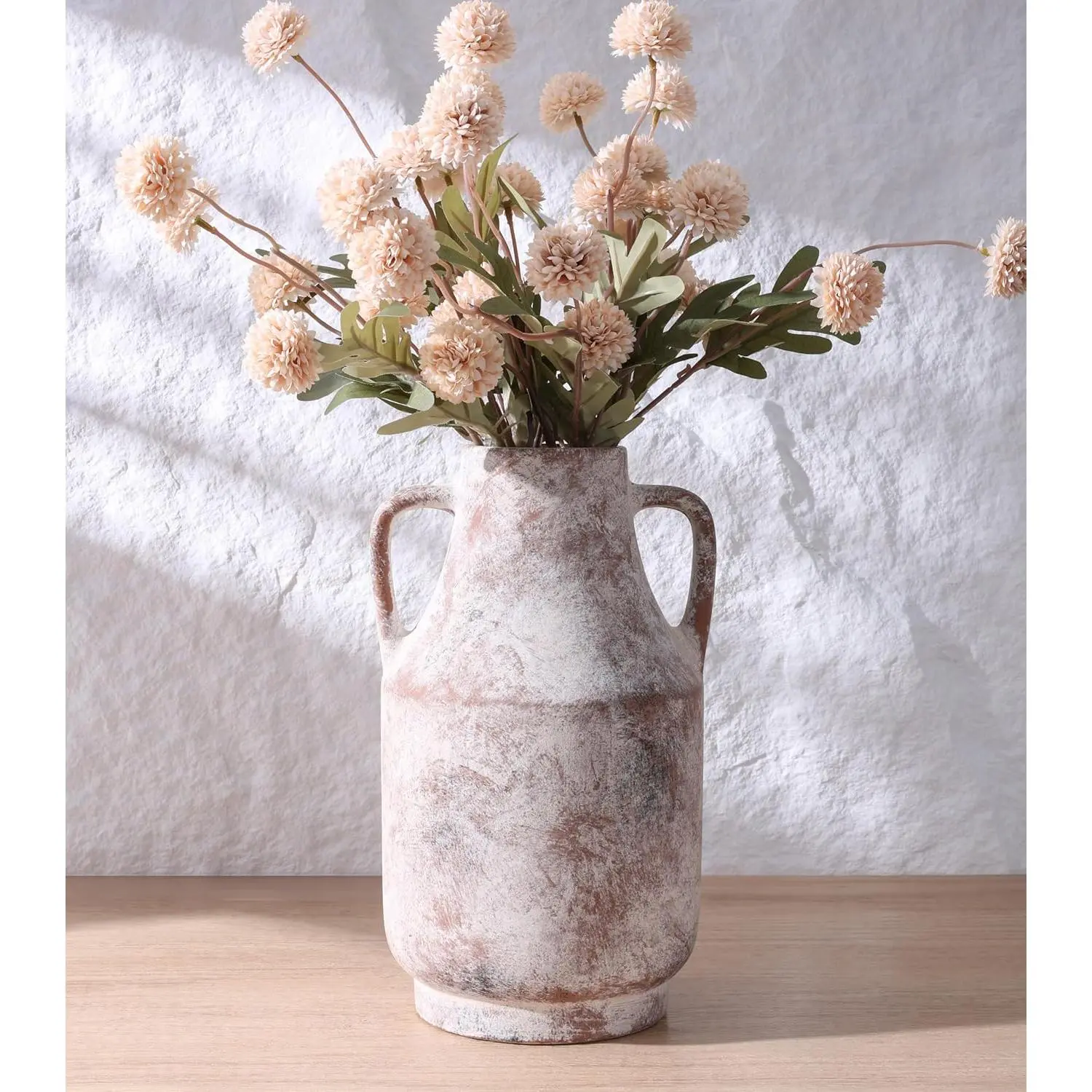 Ceramic Flower Vase with Handles, 11 in Tall Rustic Farmhouse Pottery Vases Decorative Large Vases for Living Room Entryway Kitchen Table Centerpieces Home Decor,Neutral