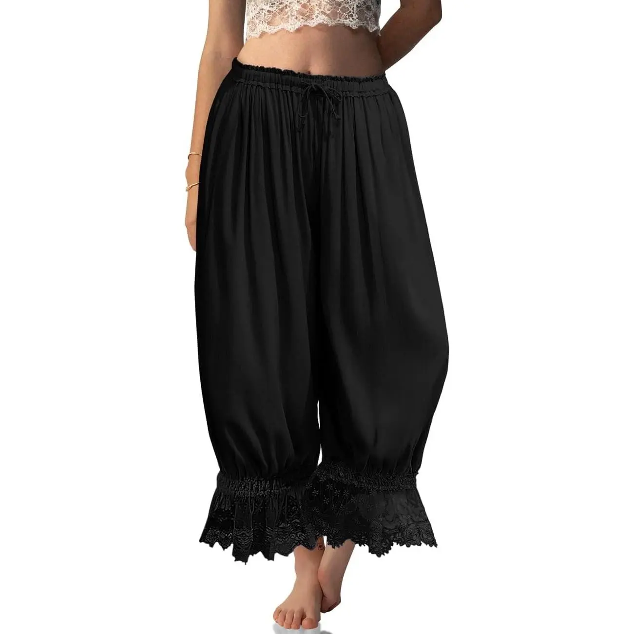 Women Linen Lace Trim Ruffle Bloomers Pants Victorian Vintage Pantaloons Summer Beach Travel Vacation Trousers(Gift)