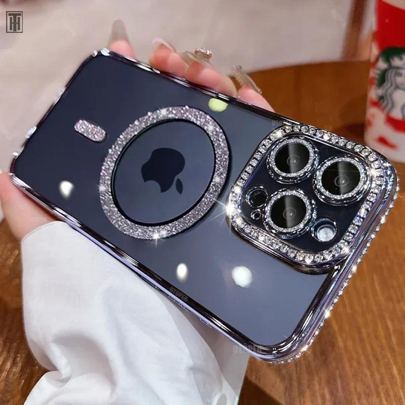 Luxury Bling Crystal Lens Film Phone Case For iPhone 15 11 12 13 14 Pro Max Plus Magsafe Magnetic Wireless Charging Clear Cover