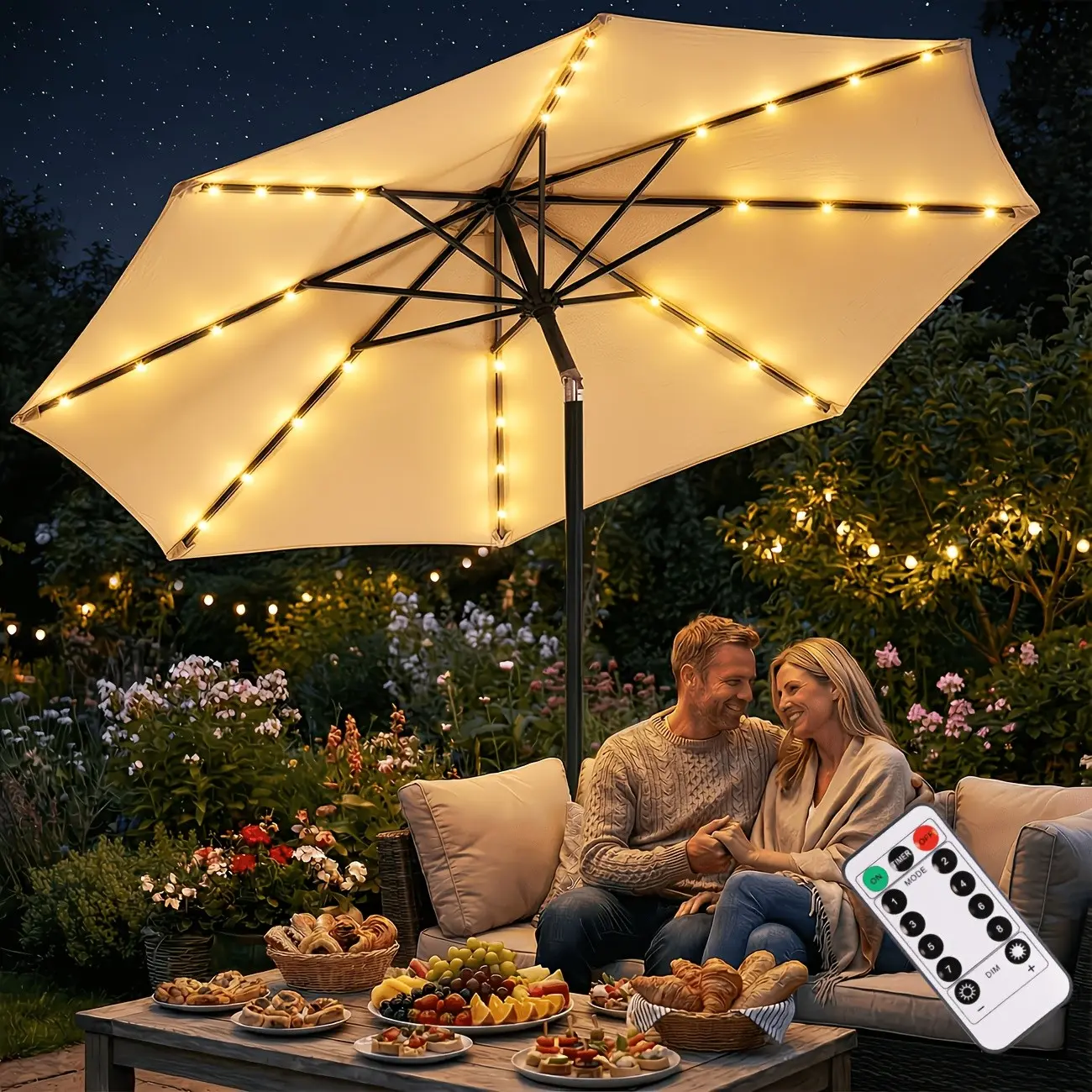 1pc, Remote 8 Modes Umbrella Lights, 109LED Patio Umbrella String Lights, Outdoor Parasol Pole Lights, Fairy Lights for Garden Backyard Camping Tent Beach Decor, Outdoor LED Umbrella Lights for Party Wedding Decor Battery Powered (Without Battery)