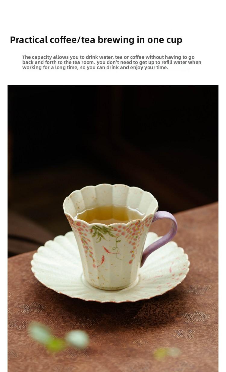 The hand-painted wisteria and carp pattern coffee cup, crafted by artisans, is an attractive and practical ceramic tea cup with a vintage style and vibrant colors