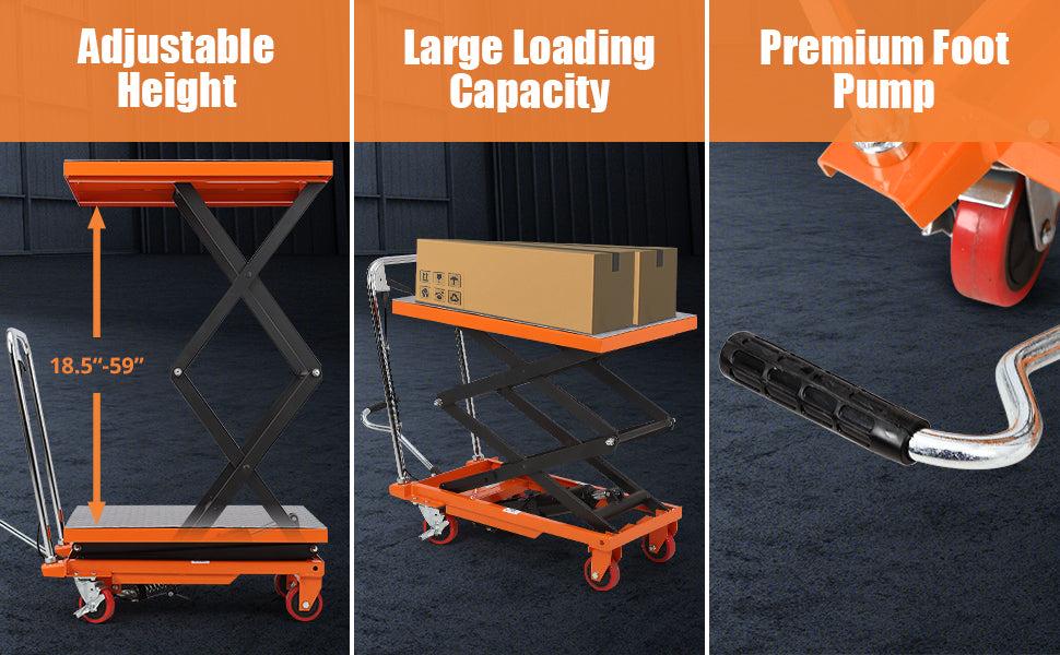 GARVEE Hydraulic Lift Table Cart 330lbs Capacity, 49.6" Lifting Height, Double Scissor, 4 Wheels, Non-Slip Pad, Material Handling