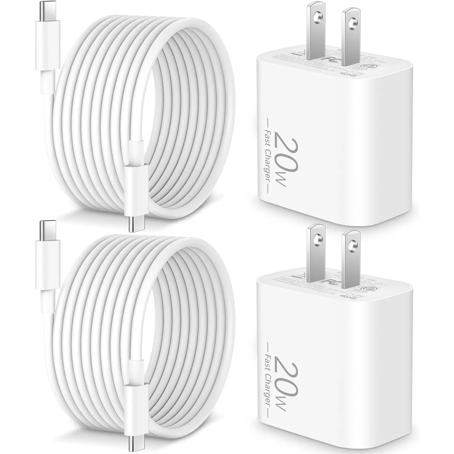 20W  Charger USB C for  17/Air/17 Pro Max/16/16 Pro Max/16 Plus/16e, iPad Pro 13/12.9/11 inch, iPad A16/10th, Air 5/Mini 6, AirPods, 2-Pack Type C  Charger Block & 10FT Long USB C