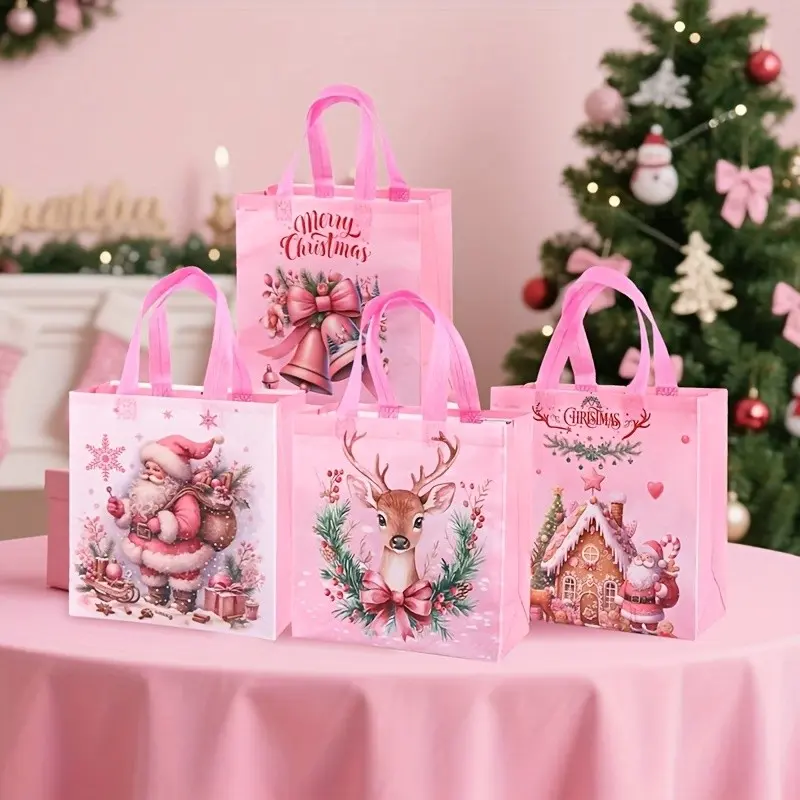 Christmas Gift Bags, 4-36pcs, Santa Reindeer Bell Design, Handle Included, Non-Woven Material, Perfect for Holiday Party Gifts