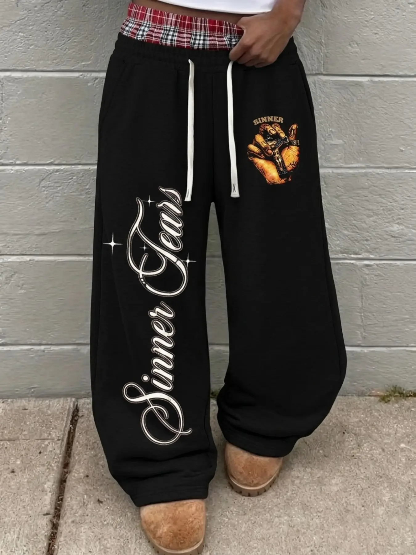 Men's Street Style Streetwear Plaid Patchwork Sweatpants, Casual Loose-Fit Long Pants, Embroidery Design, All-Season Wear, Slimming Effect