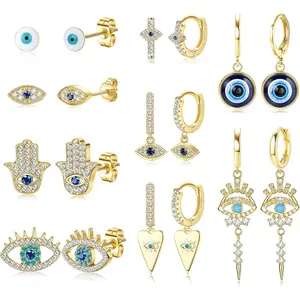 Sanfenly 9 Pairs Evil Eye Earrings for Women 14k Silver Gold Plated Evil Eye Huggie Hoop Dangle Earrings and Stud Earrings Set Dainty White Blue Cubic Zircon Eye Earrings
