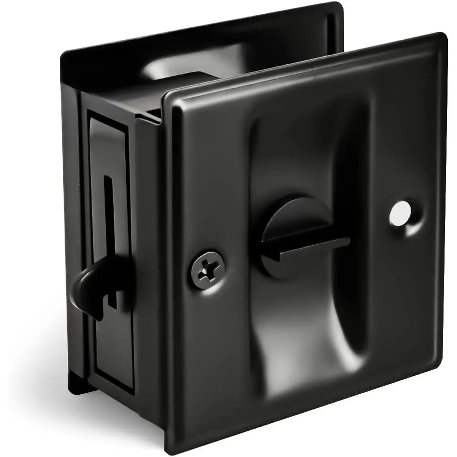 Privacy sliding door lock with handle - can quickly and conveniently replace old or damaged hidden locks, size is 2-3/4"x2-1/2", suitable for doors 1-3/8" thick, black