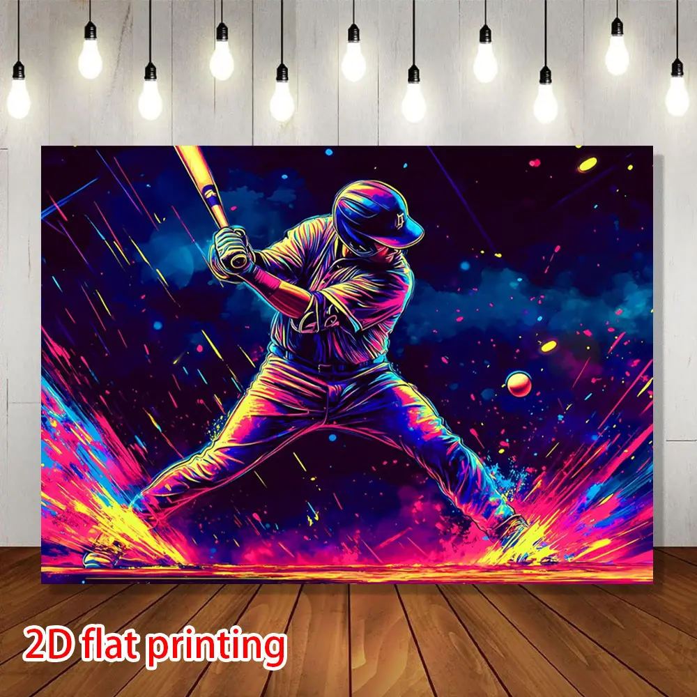 2D Flat HD Digitally Printed Polyester Photography Backdrop Banner - Funky Sporty Neon Colorful Baseball Player Art, Soft Lightweight Foldable Machine-Washable Unisex Cloth for Product Photos, Portrait Shooting