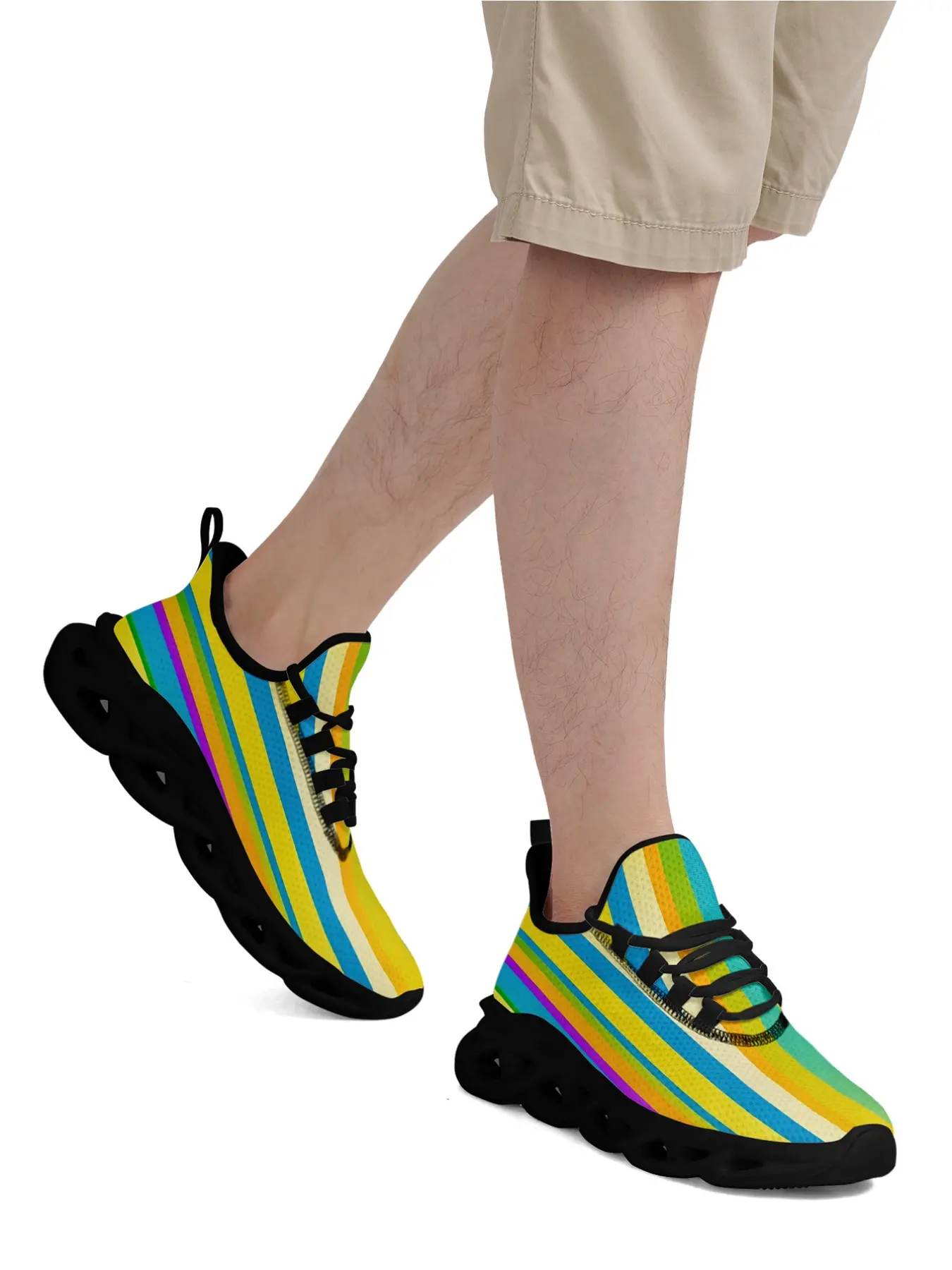 COOLCUSTOMIZE Men's Summer Paradise Sneakers, Colorful Gradient Slanted Rainbow Stripes Allover Print Breathable Knit Training Shoes