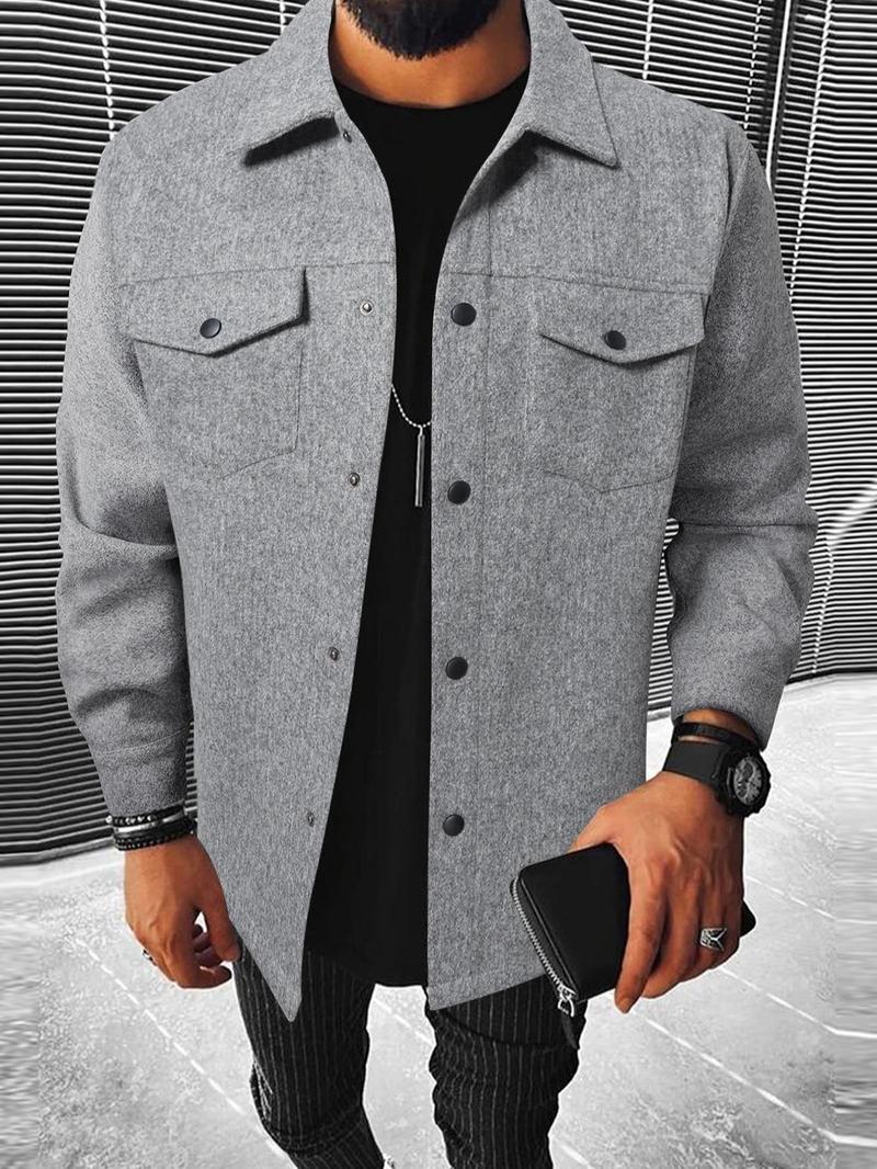 Men's Solid Button Front Pocket Jacket, Regular Fit Casual Collared Long Sleeve Outerwear, Men's Clothes for Daily Wear