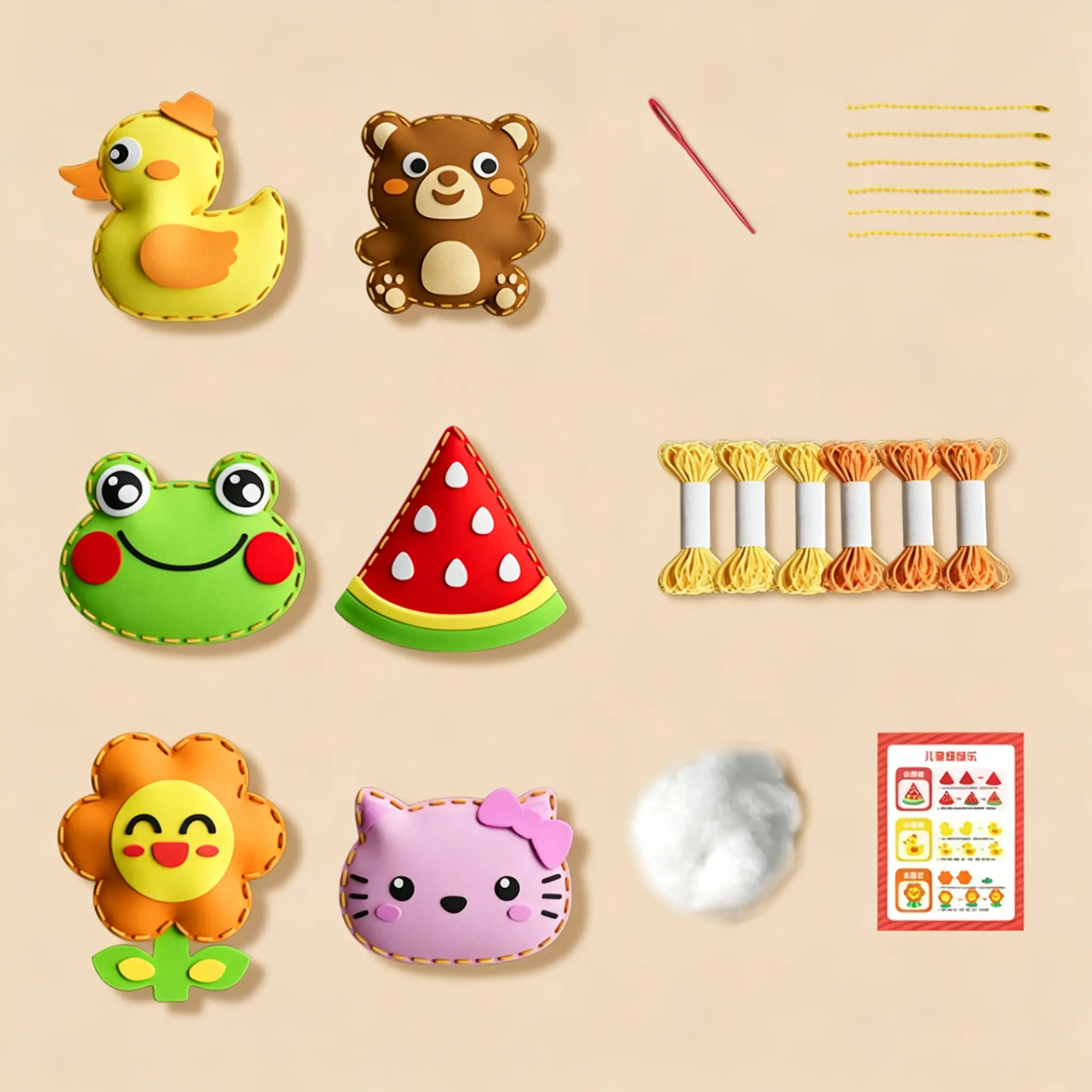 DIY Felt Sewing Kit for Kids, Educational Craft Activity Set for Beginners, Easy-to-Assemble Pre-Punched EVA Animals & Food Projects, Creative Art Toy for Creative Expression, Perfect Birthday Gift for Boys and Girls (6-Piece Set)
