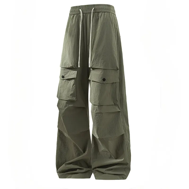 Men's Ruched Stacked Cargo Pants, Plain Street Style Lightweight Quick-Dry Trousers with Flap Pockets for Outdoor Wear, Men's Pants, Ruched Design, Buttons Men's Pants, Drawstring Cargo Pockets Men's Pants