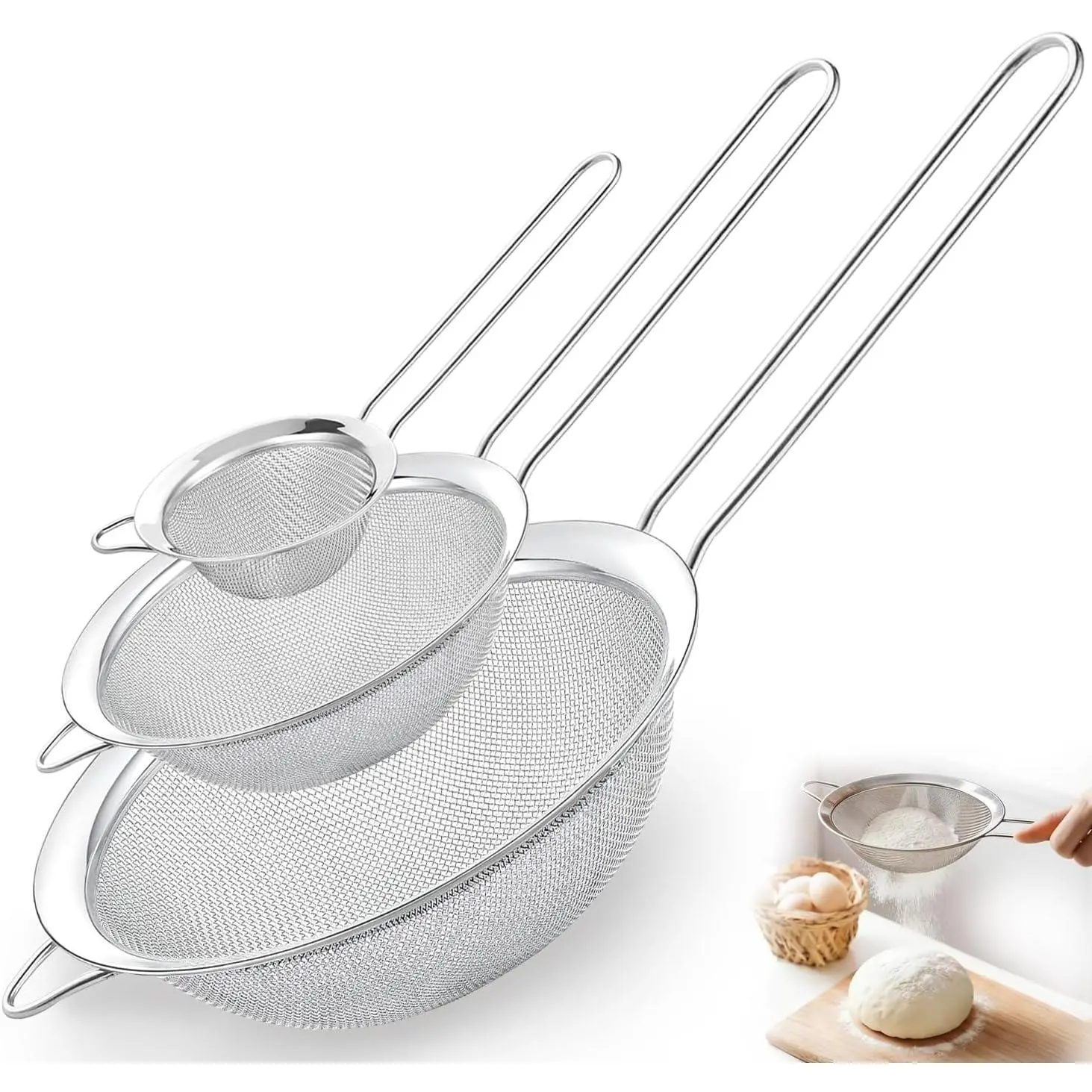 Fine Mesh Strainer Set of 3, Stainless Steel Sieve Sifters with handle, Medium Small Mini Size, Kitchen Strainers Colander Set for Sifting, Straining & Cooking(2.2"/3.9"/5.5")