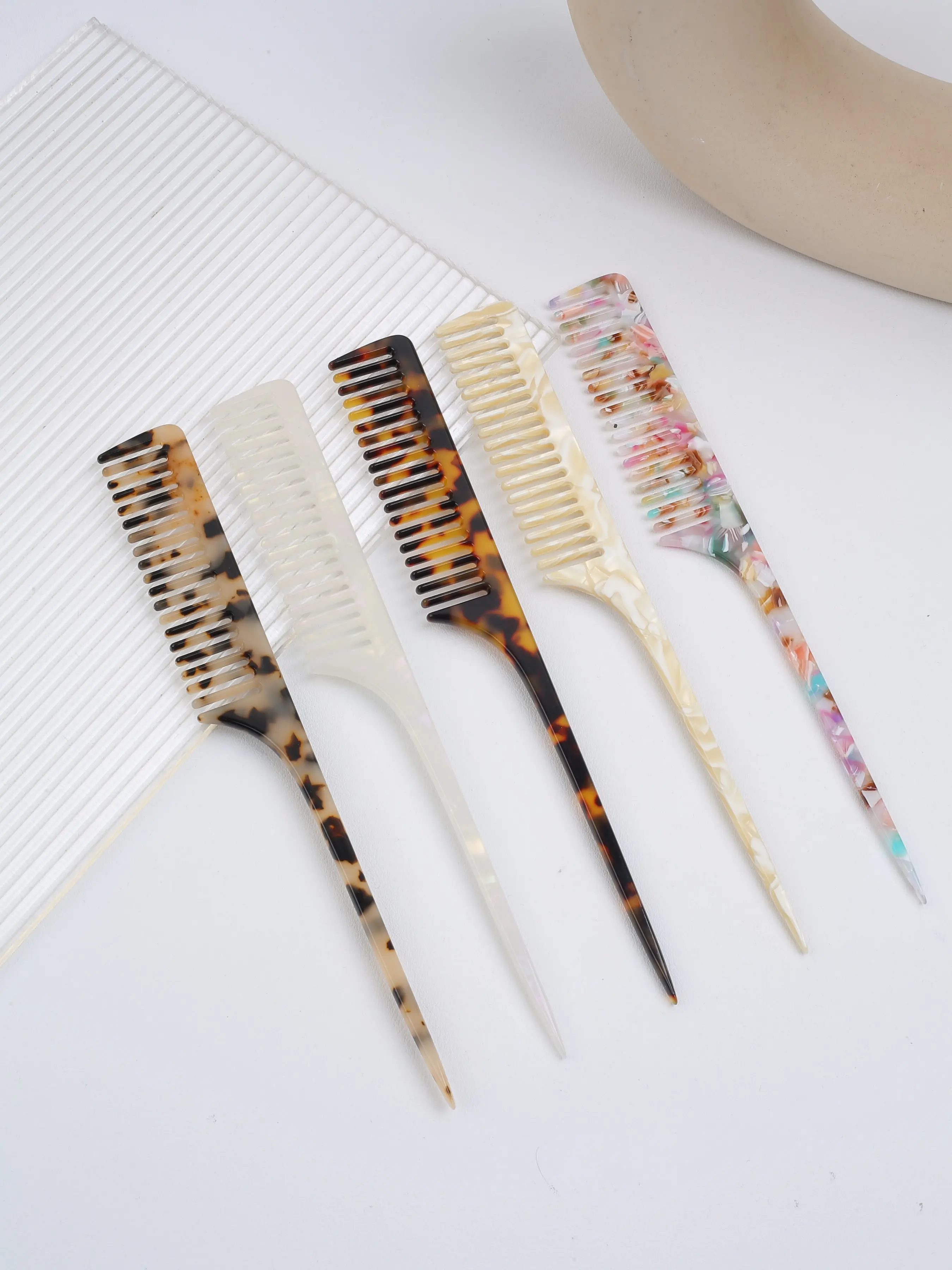 5pcs Marble Texture Acetate Hair Comb, Long Handle Pointed Tail, Anti-Static, Gentle on Hair, Dense Teeth, Stylish Leopard Pattern