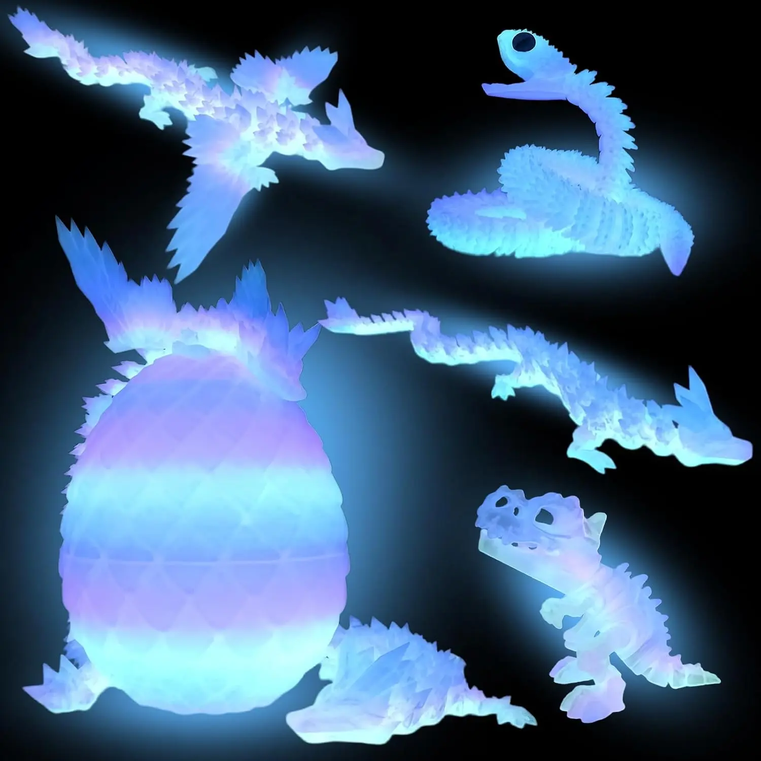 12" Glow-in-the-Dark 3D Printed Dragon Egg 5-Pack - Rainbow Crystal Dinosaur & Snake Fidget Toys, Cool Easter Basket Stuffers for Boys Ages 5-12, DIY Painting Supplies, Boy