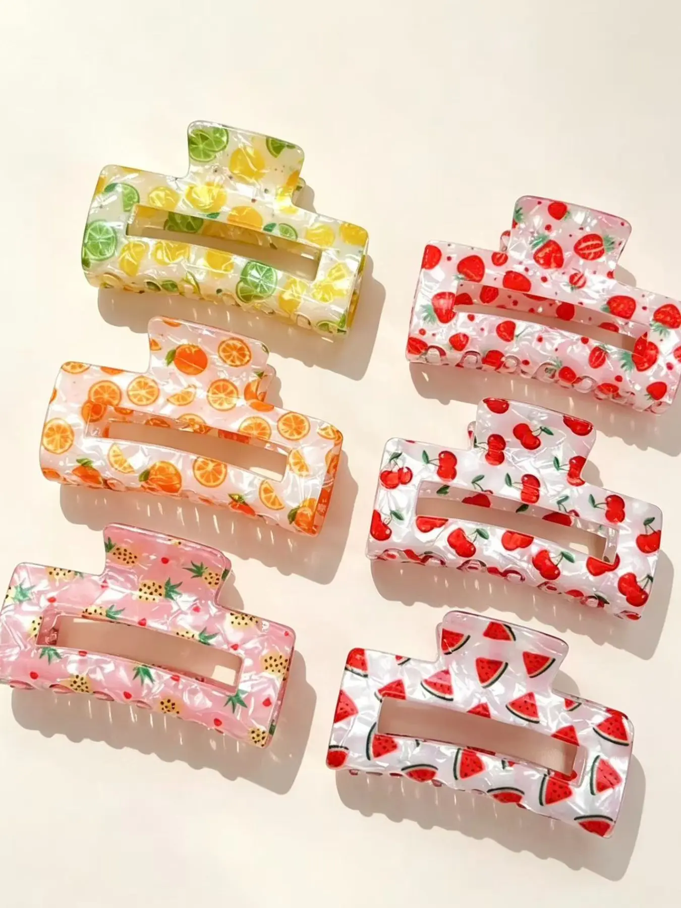 6Pcs Summer Fruit Print Hair Claw Clips Set, Cute Acrylic Shark Claw Clips for Women Girls, Non‑Slip Jaw Hair Clips, Trendy Daily Hair Accessories, Ideal Holiday & Birthday Gift, Flat Claw Clips