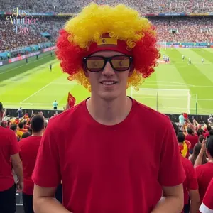 2 Piece Spain National Flag Fan Costume Set, Red Yellow Fluffy Afro Curly Wig With Spanish Flag Print Headband And Spain Emblem Flag Lens Sunglasses, Adult Cheer Accessory Kit For Celebrating Spain's victory,summerwins
