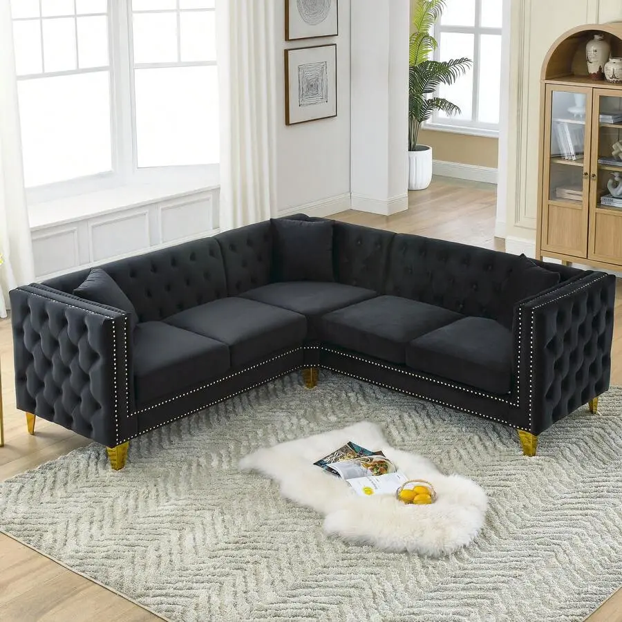 82.2" L-Shape Velvet Chesterfield Sectional Sofa, 5 Seat Corner Sofa Couch, Button Tufted Upholstered Sofa With Rolled Arms, Nailhead Trim, Metal Legs And 3 Pillows, Luxury Corner Couch Living Room Apartment Office