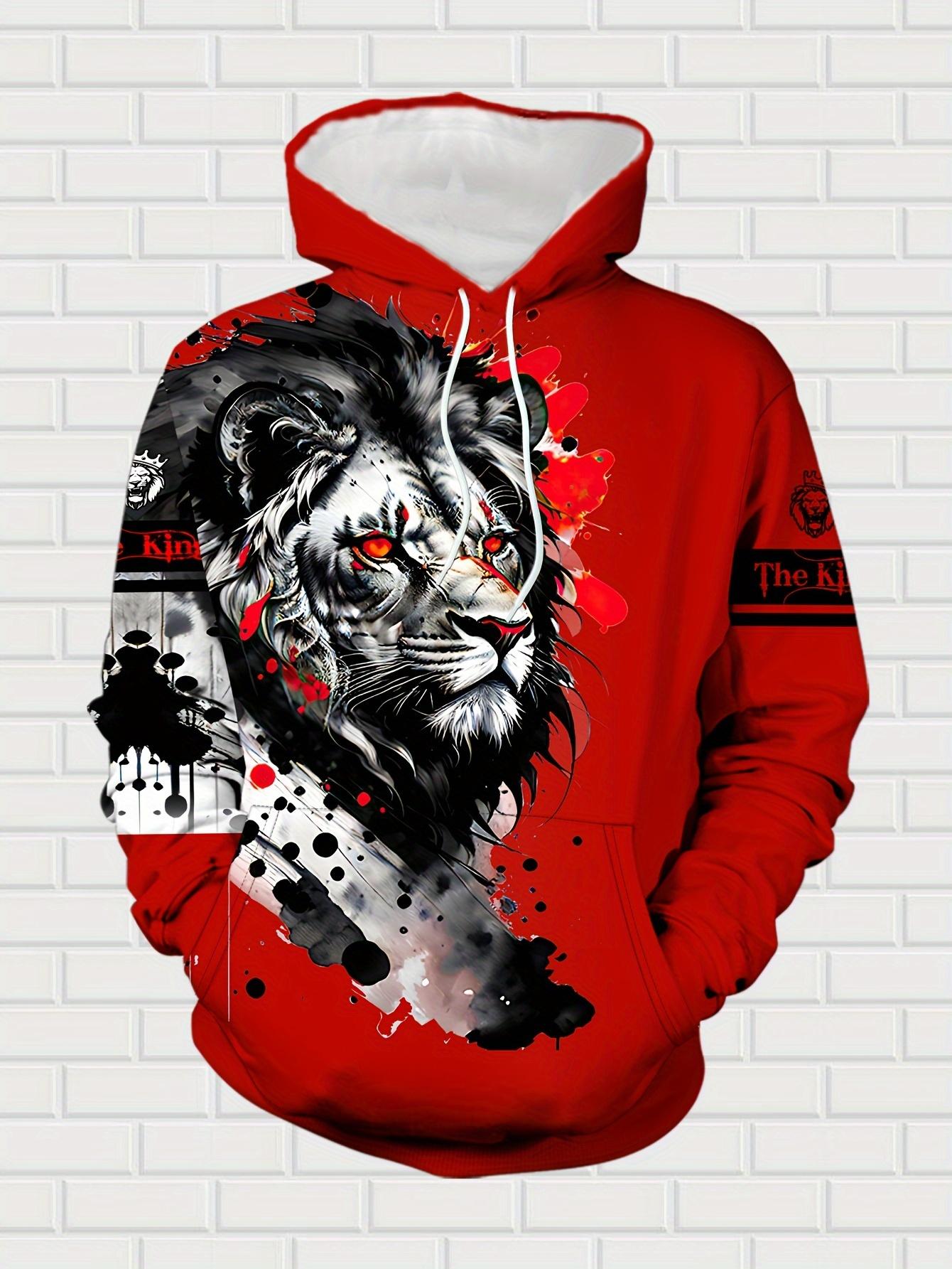 Men's casual 2-piece set, lion ink print hoodie and sweatpants, spring and autumn fashion outfit