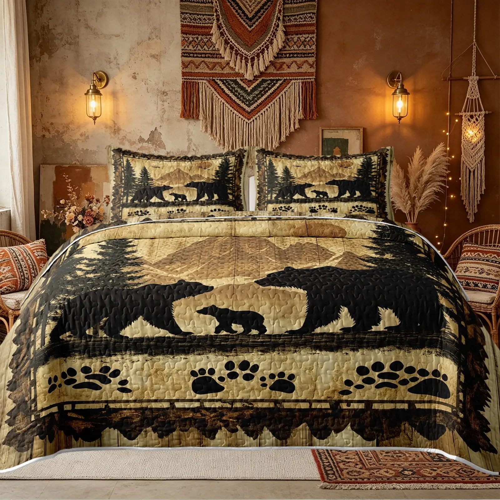 3Pcs Mountain Bear Silhouette Quilt Set 1 Quilt With 2 Pillowcases Vintage Wood Grain Background Western Forest Style Reversible Soft Bedding No Inner Filling All Season Gift For Outdoor Lovers, Printed Bedding Set