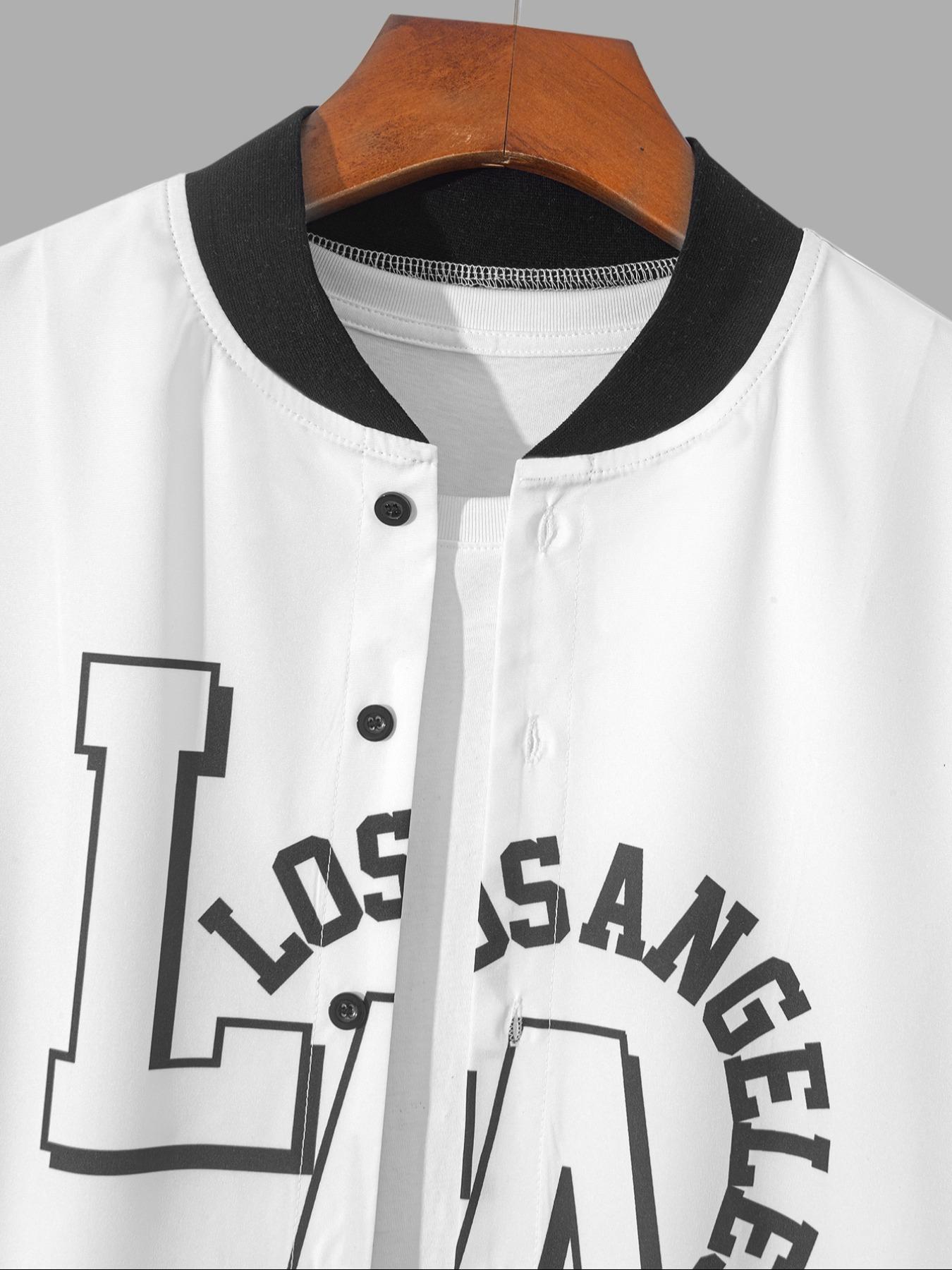 Men's Letter Print Baseball Collar Shirt, Regular Fit Casual Short Sleeve Top for Summer, Men's Clothes for Daily Wear, Menswear, Sports Top, Sportswear Clothing, Vintage Basketball Jersey