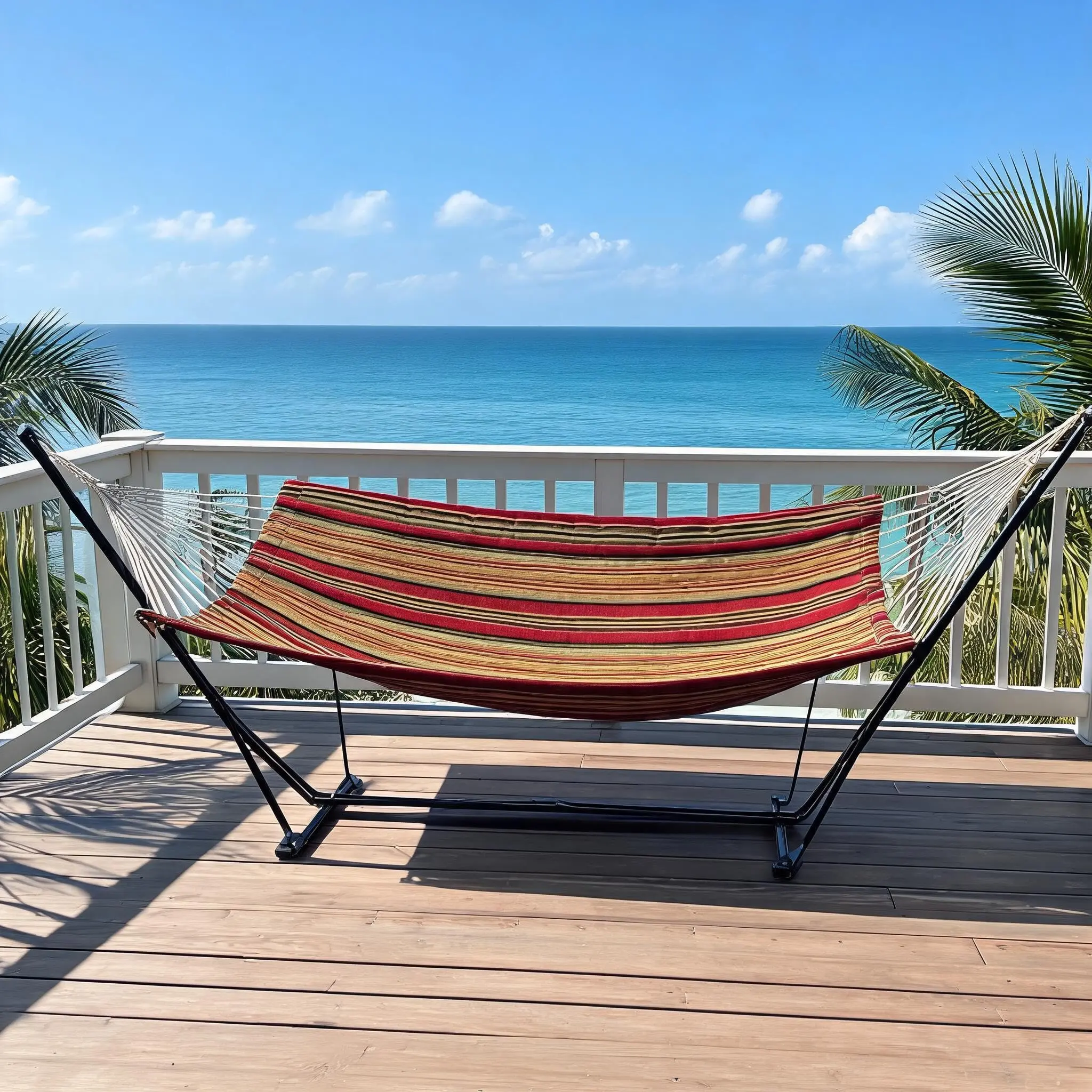 GARVEE Heavy Duty 2 Person Freestanding Double Hammock with Adjustable Steel Stand, 450 Lbs Capacity, Includes Pillow & Balance Rope, Ideal for Outdoor Use on Patio, Backyard, Poolside, and Garden in Red-Yellow Stripe