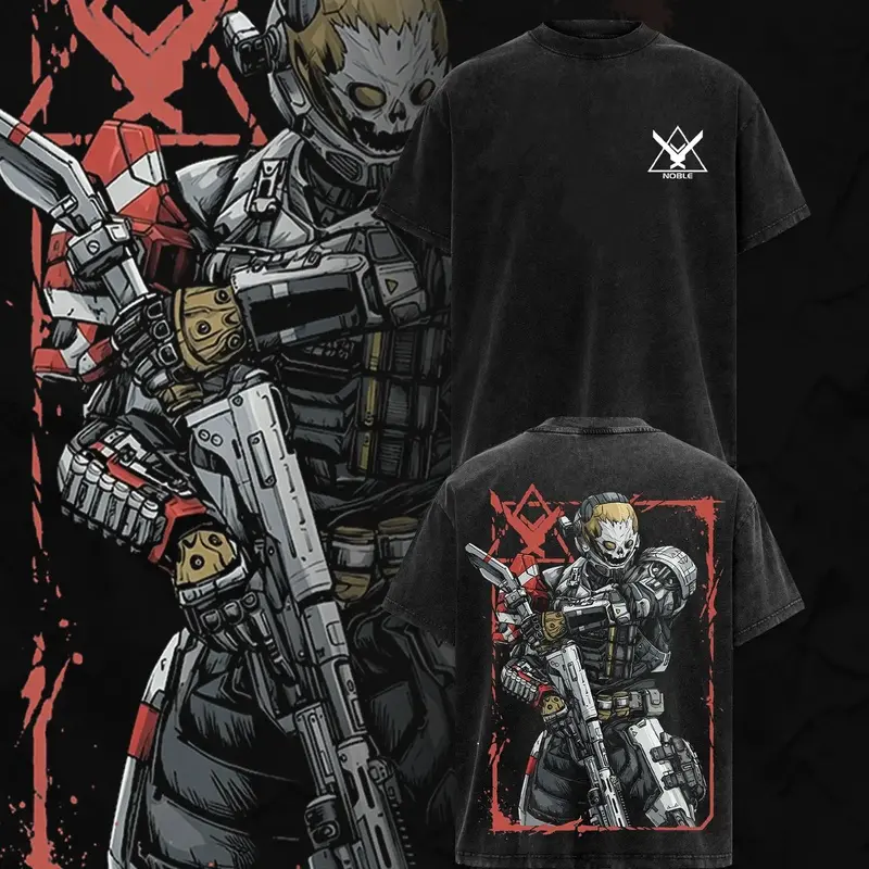 Noble Team - Halo Reach V4 Double Printed Oversize Lightweight Acid Washed Tee Game Graphic T-Shirt for Men Casual Day Wear Cotton Fabric - Jeans Vintage Gaming Retro Black Tee Oversized Heavyweight Cotton T-Shirts Love Menswear