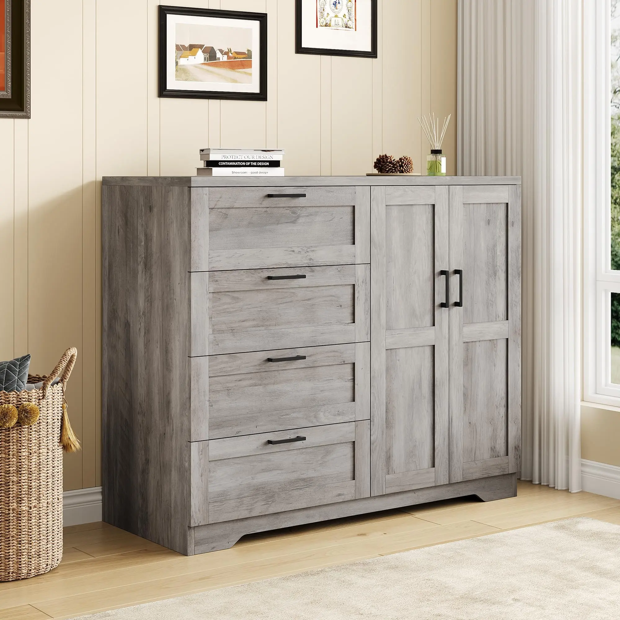 Multifunctional Wooden Wardrobe Dresser – 4 Drawers, 2 Doors, Hanging Rod, Side Storage – Sturdy Bedroom Closet Organizer