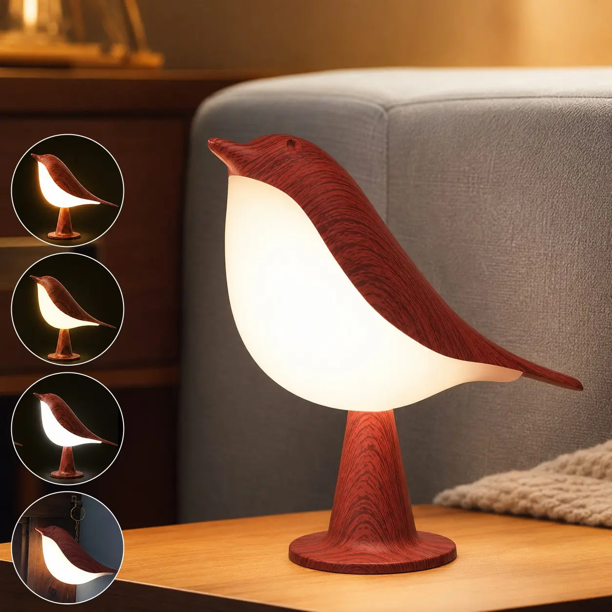 USB Rechargeable LED Bird Light, Touch Control Dimmable 3 Color Temperatures, Desktop Reading Lamp, Baby Room Nightlight, Indoor Small Night Light