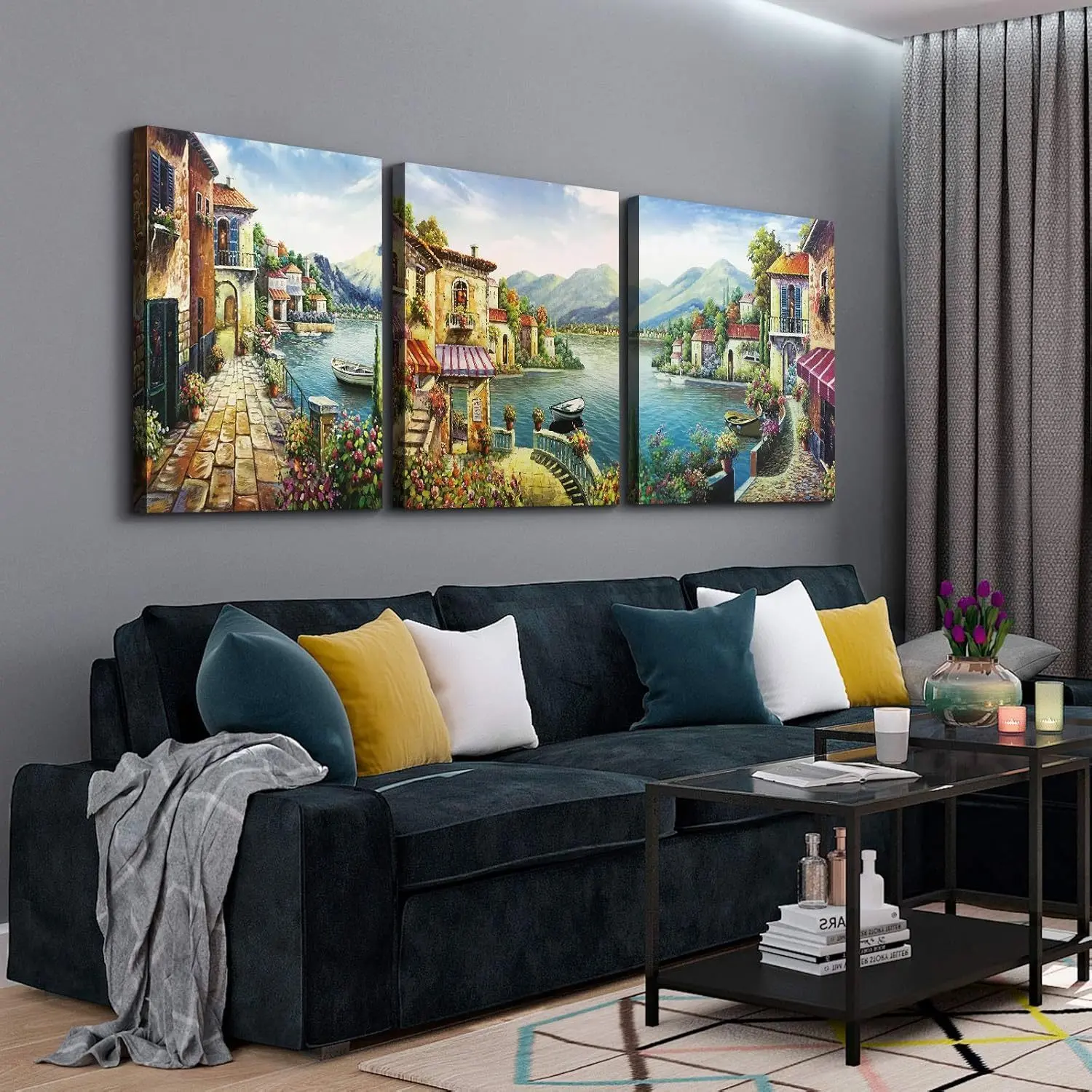 Italian Villages Scenic View 3-Piece Framed Canvas Wall Art - Ready to Hang - Living Room Wall Decoration - Ideal Housewarming Christmas Gift
