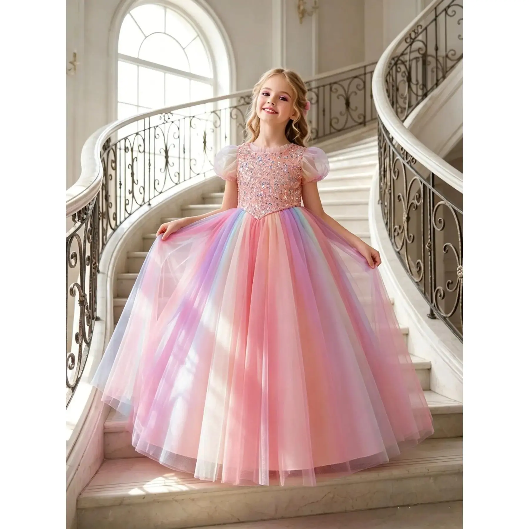 Girls' Bubble Sleeve Rainbow Princess Dress with Sparkling Sequins, Glitter Sequin Dress, Perfect for Piano Performances, Birthday Parties, Weddings, Graduations, Bubble Dresses