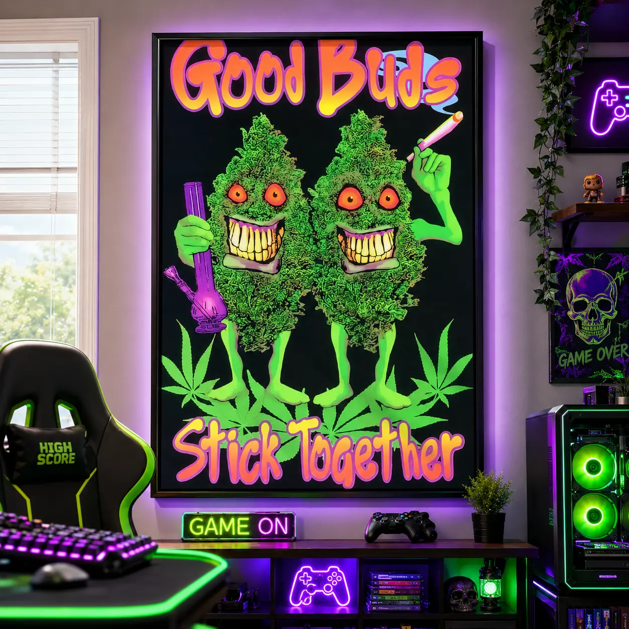 "Good Buds Stick Together" Blacklight Pot Poster - Vintage Waterproof Unframed Artistic Print with Box, Whimsical Funky Home Decor for Bathroom Wall, Whimsical Room Decor, Funky Room Decor, Canvas Wall Art, Framed Canvas, Funky Bathroom Decor, Gift Idea
