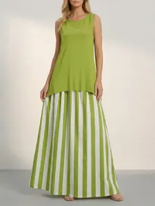 Women's Two-Piece Set Sleeveless Round Neck Top + Striped Skirt, Elegant Slim-Fit Design, Perfect for Daily Wear & Casual Outings