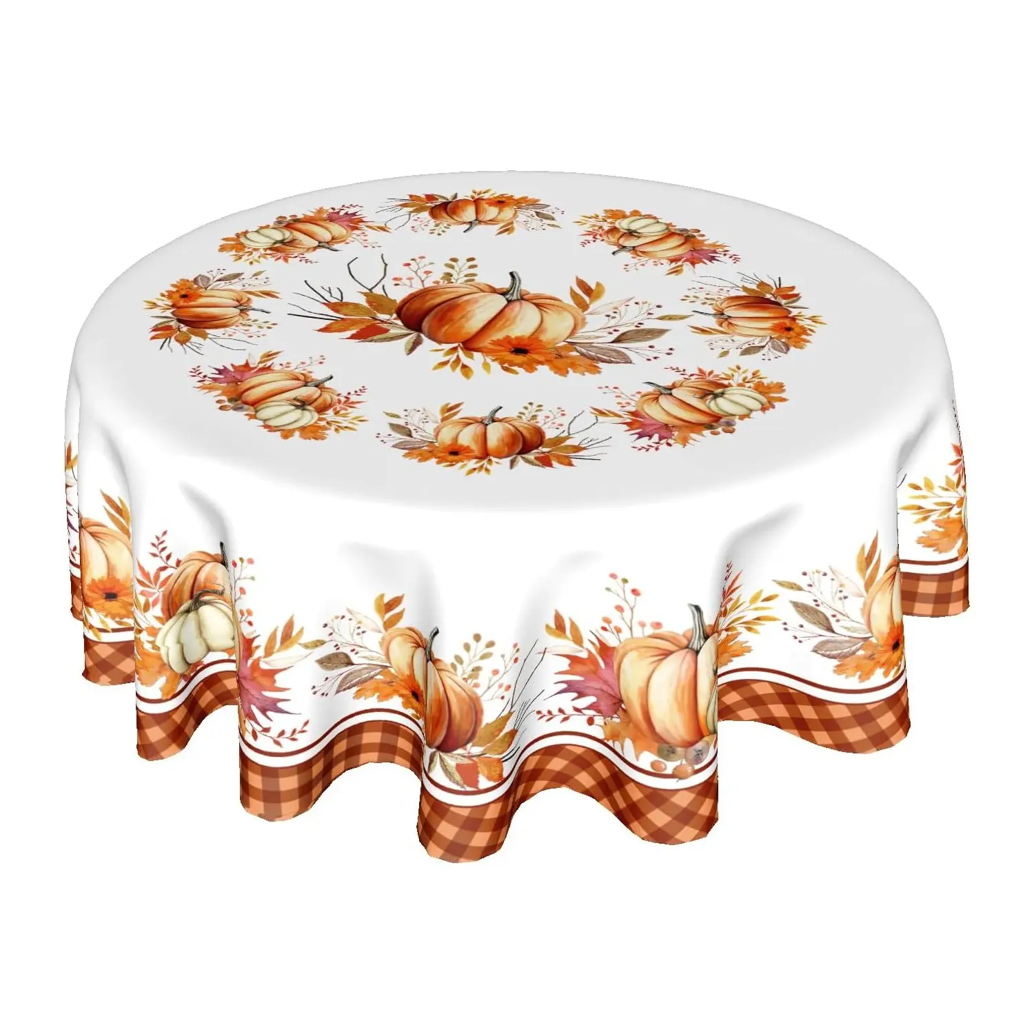 2D Flat Party Tablecloth 1pc, Autumn Pumpkin Round Tablecloth, Thanksgiving Fall Maple Polyester, Kitchen Restaurant Party Picnic