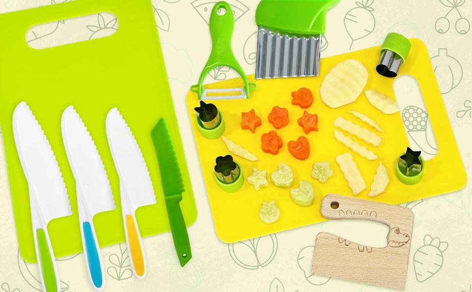 13 Pieces Kids Safe Knife Set for Real Cooking Child-Friendly Plastic Chef Tools Montessori Kitchen Toys for Toddlers with Bright Colors Gifts for Boys and Girls