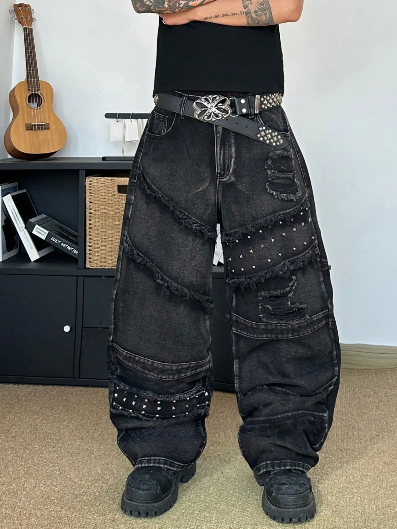 Street Punk Heavy-Work Destroyed Denim Jeans with Edgy Raw Hem Wide Legs All over Print Loose Fit for All Seasons, Durable and Trendy