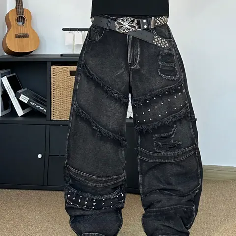 Street Punk Heavily Denim Jeans with Edgy Raw Hem, Wide Leg Loose Fit for All Seasons, Durable and Trendy, Ripped Streetwear Jeans