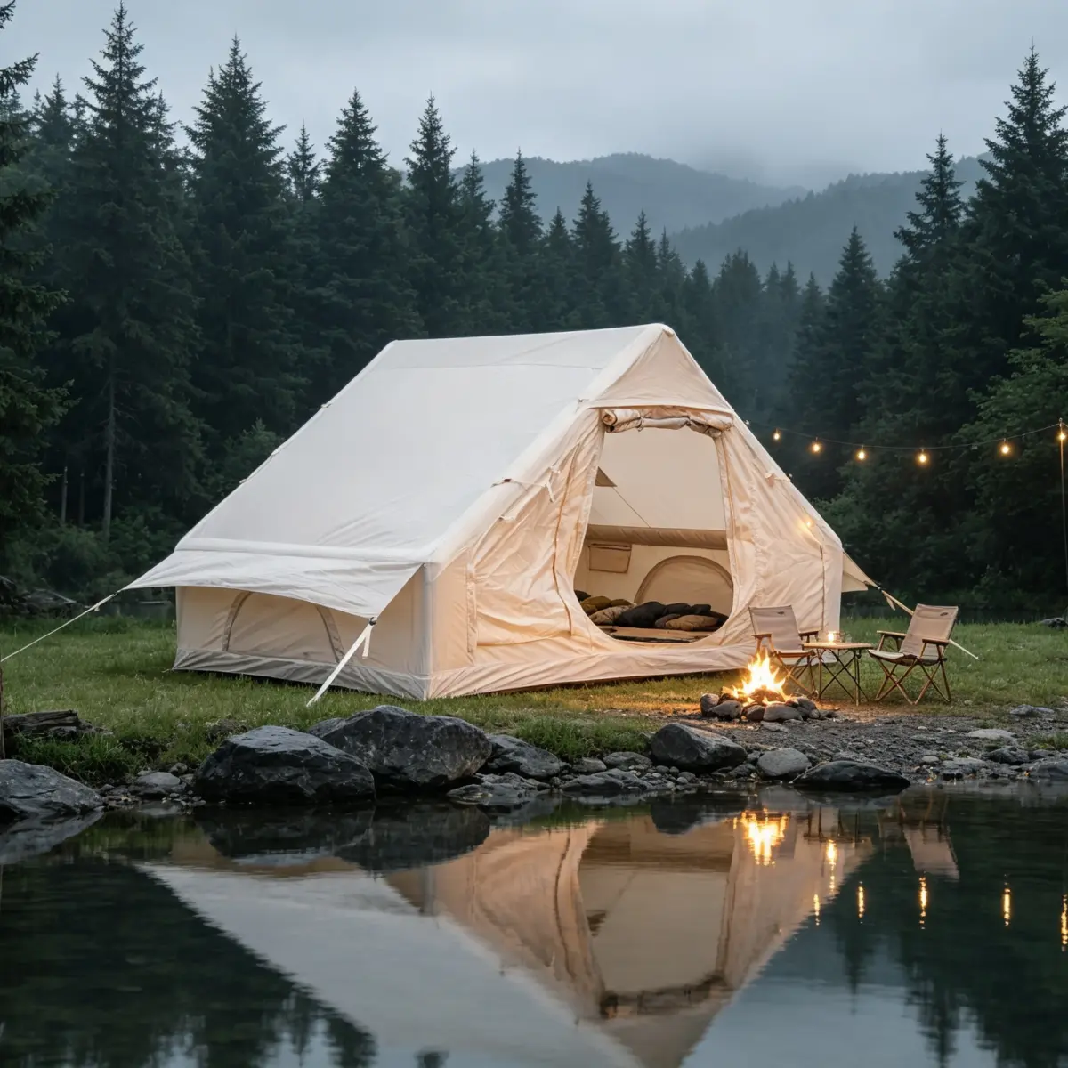 Beige 118x82.7 Inch 210D Oxford Cloth Inflatable Camping Tent, 3-5 Mins Fast Setup Waterproof UV Wind Resistant 2-4 Person Outdoor Glamping Tent with Chimney Port Mesh Windows for Camping Picnic BBQ Beach All Season Use