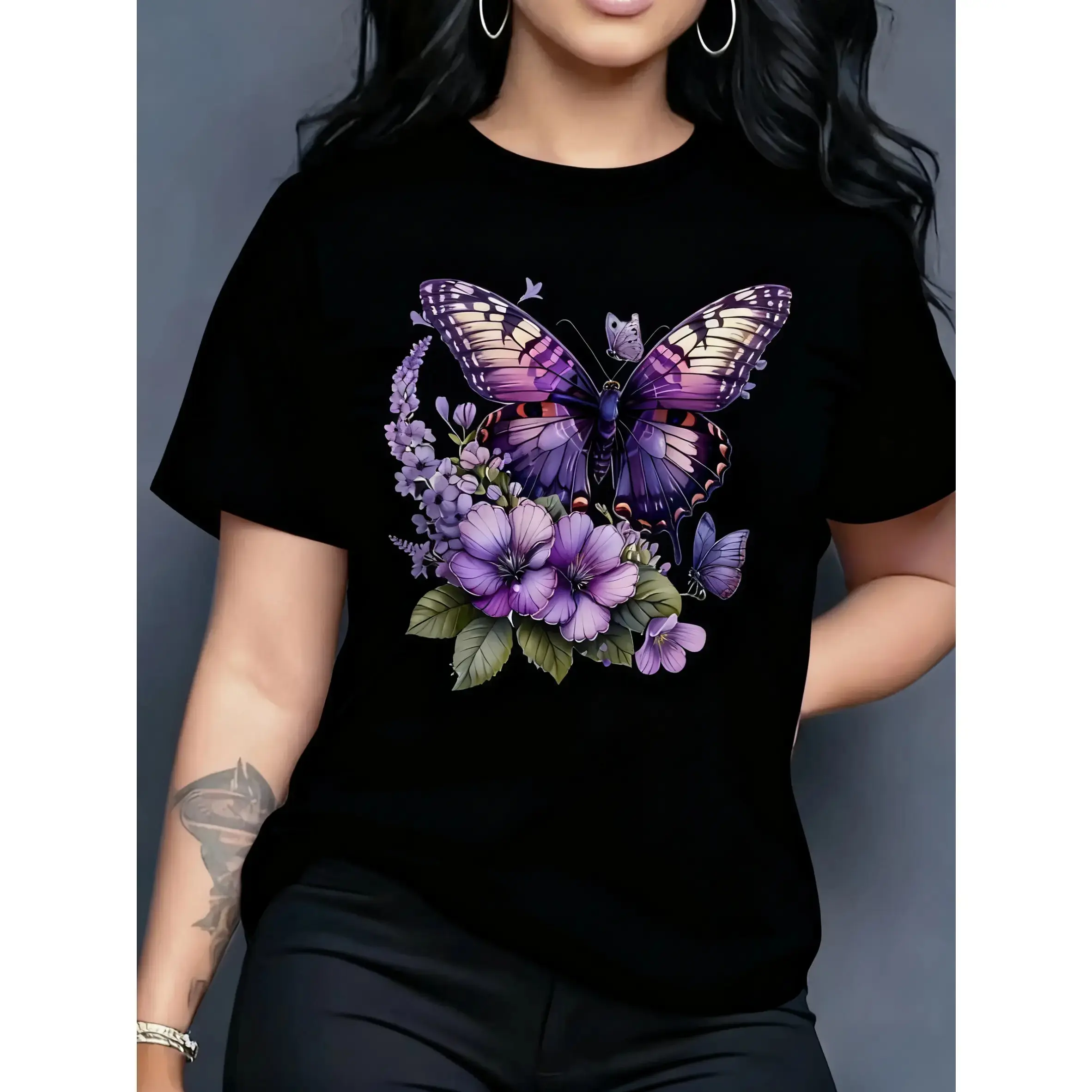 Women's 100% Cotton Short Sleeve Top Featuring Turquoise Blue Butterflies and Lilac Flowers on Round Neck Casual Everyday Wear Shirt