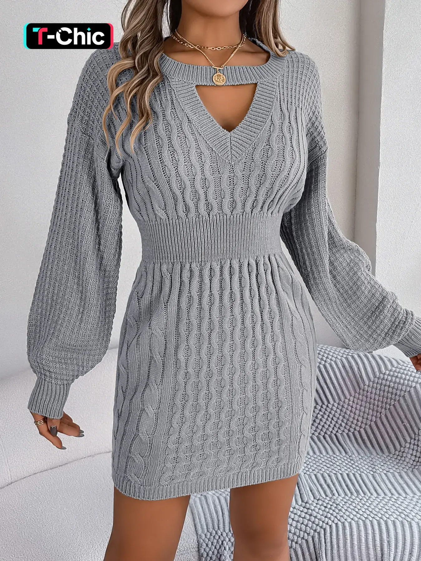 Women's Lantern Sleeve Cut Out Solid Sweater Dress, Elegant Casual Style Keyhole Neckline Long Sleeve Bodycon Fitted Knit Dress For Fall & Winter, Women's Knitwear For Daily Wear, Womenswear