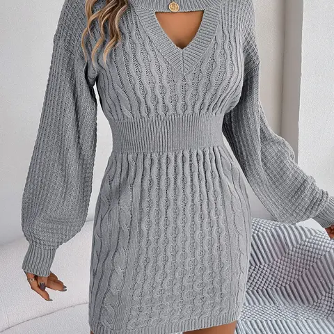 Women's Lantern Sleeve Cut Out Solid Sweater Dress, Elegant Casual Style Keyhole Neckline Long Sleeve Bodycon Fitted Knit Dress For Fall & Winter, Women's Knitwear For Daily Wear, Womenswear
