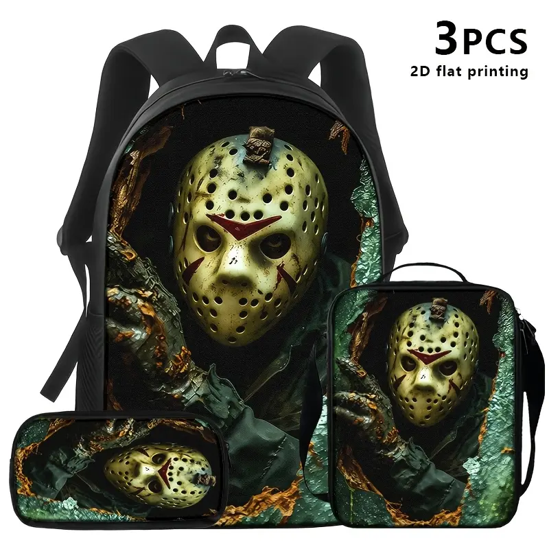 Horror Jason Voorhees 3PCS Movie Inspired Graphic Backpack Set - 600D Oxford 15-inch Laptop Bag with Lunch Box, Pencil Case, Padded Straps, Adjustable Top Single Handle Strap, Friday The 13th Full Print, for School Halloween Gift (Do Not Bleach), Movie In