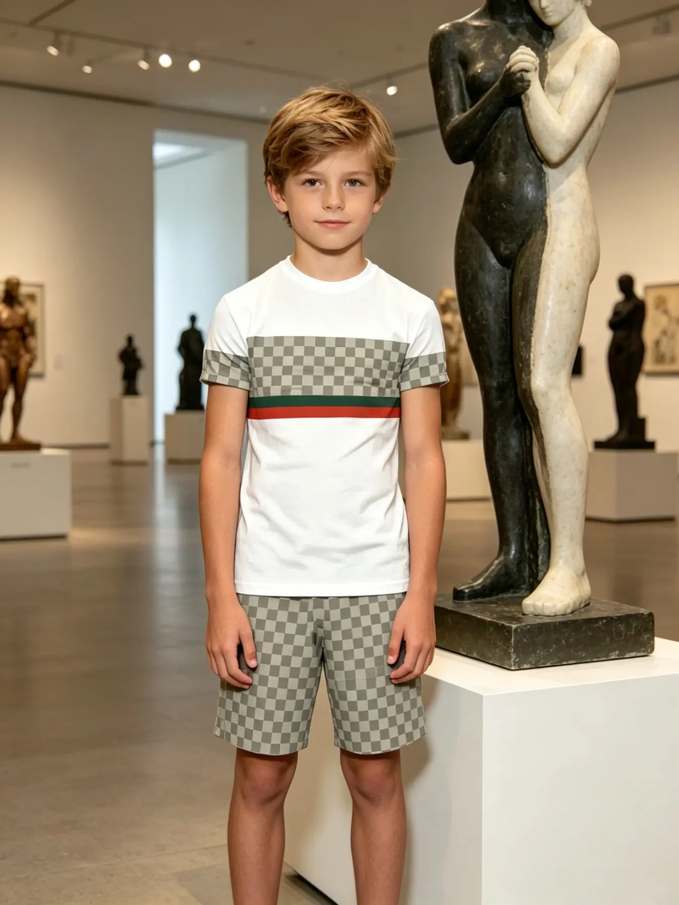 Boys' Checkered Striped Short Sleeve Set, Lightweight Luxury Casual Two-Piece, Comfortable and Stylish, Clothes Sets