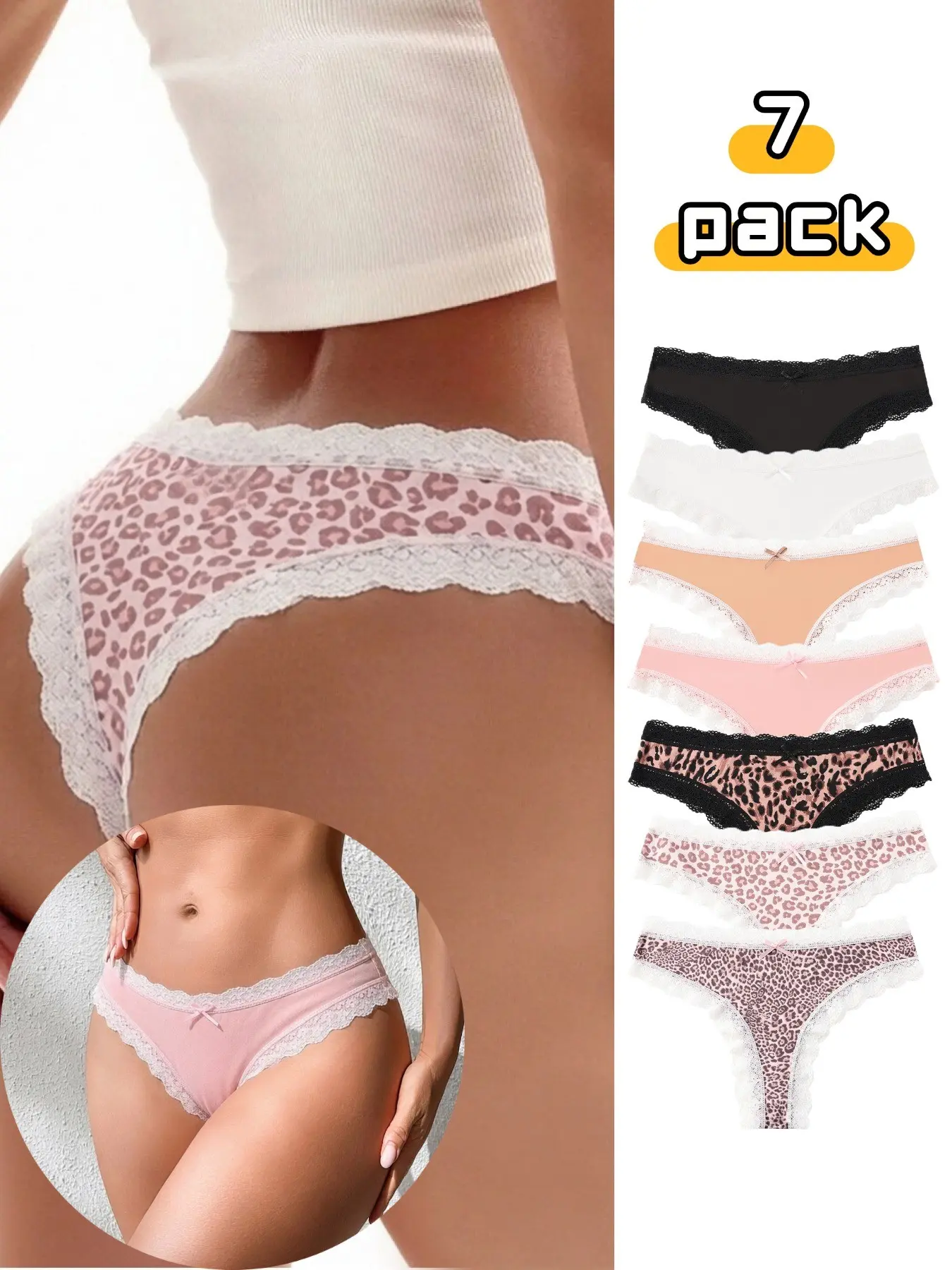 Autumn Sexy Lace Trim Thongs, Soft Breathable Leopard Print Low-Waist Panties, 7-Piece Set, All-Seasons Women's Underwear