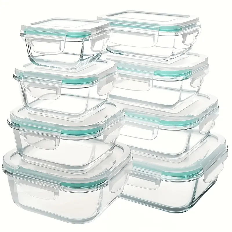16PCS Glass Food Storage Set (8 Containers + 8 Lids), Airtight Leak-proof Glass Lunch Boxes, Ideal for Meal Prep, Kitchen Organization, Office Lunches, Safe for Microwave, Oven, Refrigerator & Dishwasher