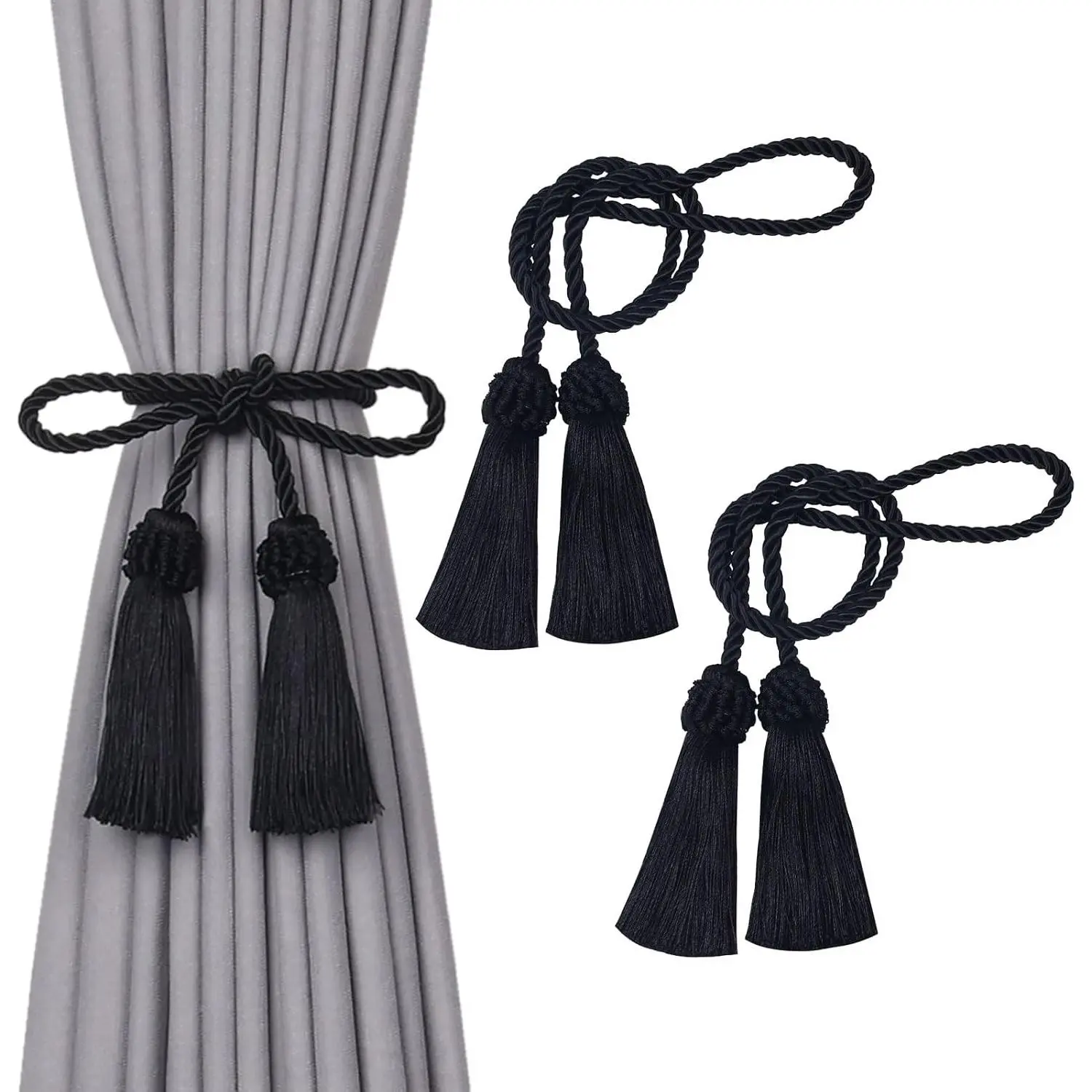 2 Pack Double-Ended Tassel Curtain Tiebacks European Style Decorative Drape Tie Backs Elegant  Braided Rope Knot Curtain Holdbacks for  & Office Window Drapery (Black)