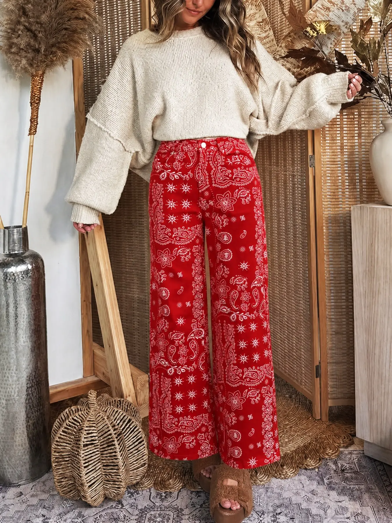 Women's High-Waisted Paisley Wide-Leg Jeans – Loose, straight-leg, floor-length trousers with a paisley print; casual, lightweight, and comfortable wide-leg pants suitable for everyday wear.