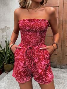 women's floral print frill trim shirred tube romper, casual soft boho fit knot detail pocket sleeveless romper, playsuits for women, chic women's summer clothes for beach holiday vacation, bohemian womenswear