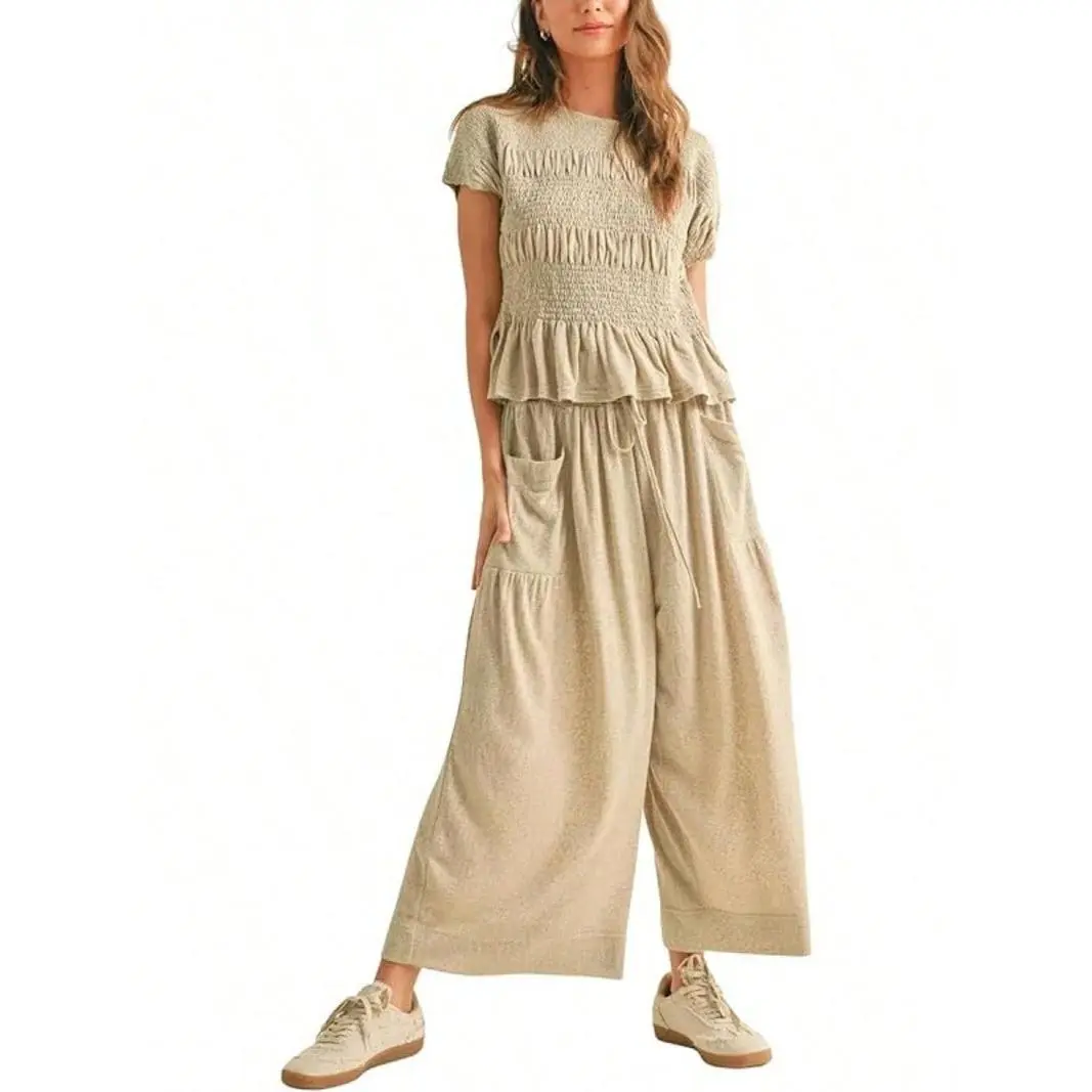 Fashion Cute Women Smocked Cap Sleeve Crop Top & Drawstring Wide Leg Pants Set, Comfort Solid Color Casual Two Piece Outfit, Loose Pockets Loungewear Suit, Best Valentine’s Day Gift for Her, Ideal Holiday Present for Family & Friends