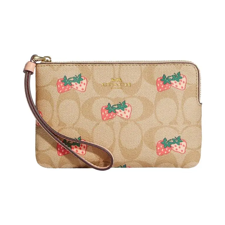 COACH Corner Zip 16 Small Clutch Wallet for Women – Classic Monogram Strawberry Print Coated Canvas and Leather, Light Khaki